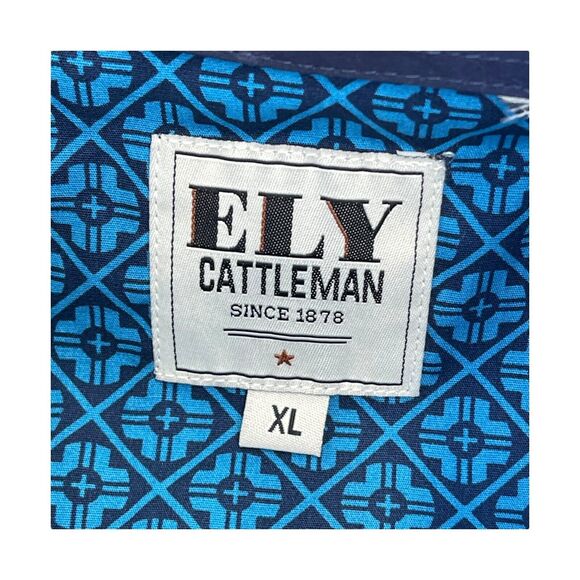 Ely Cattleman Western Shirt Mens XL Blue Geometric Long Sleeve Pockets Snap - Picture 2 of 6